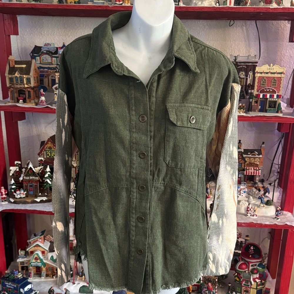 Umgee Olive Green Jacket with Patterned Sleeves